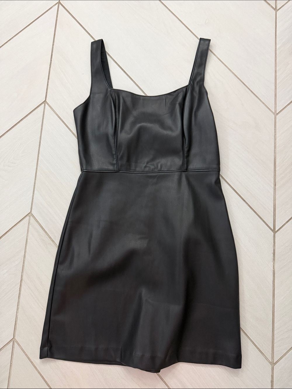 Abercrombie women’s Black Faux Leather Mini Dress with Square Neckline